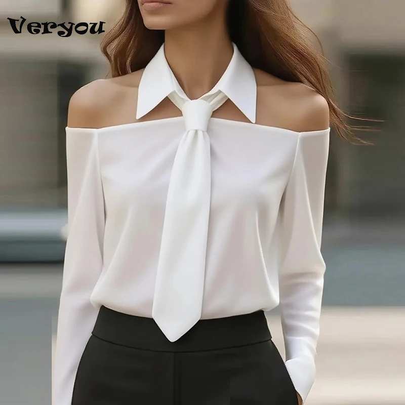 

Fashion Lapel Tie Shirt Women Spring Autumn Off Shoulder Long Sleeve Blouse Women Formal Shirt White Office Lady Tops