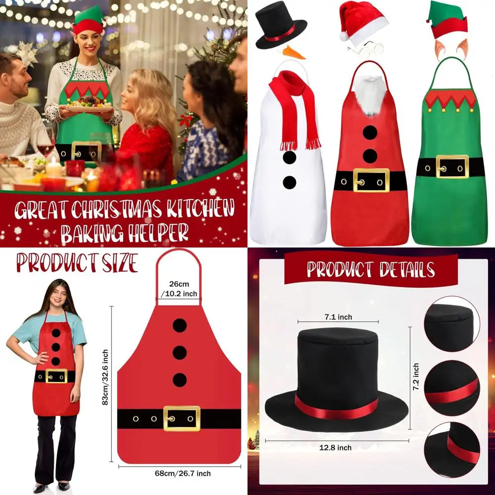

3-Piece Festive Apron, Hat, and Costume Set: Snowman, Santa, Elf for Christmas Parties