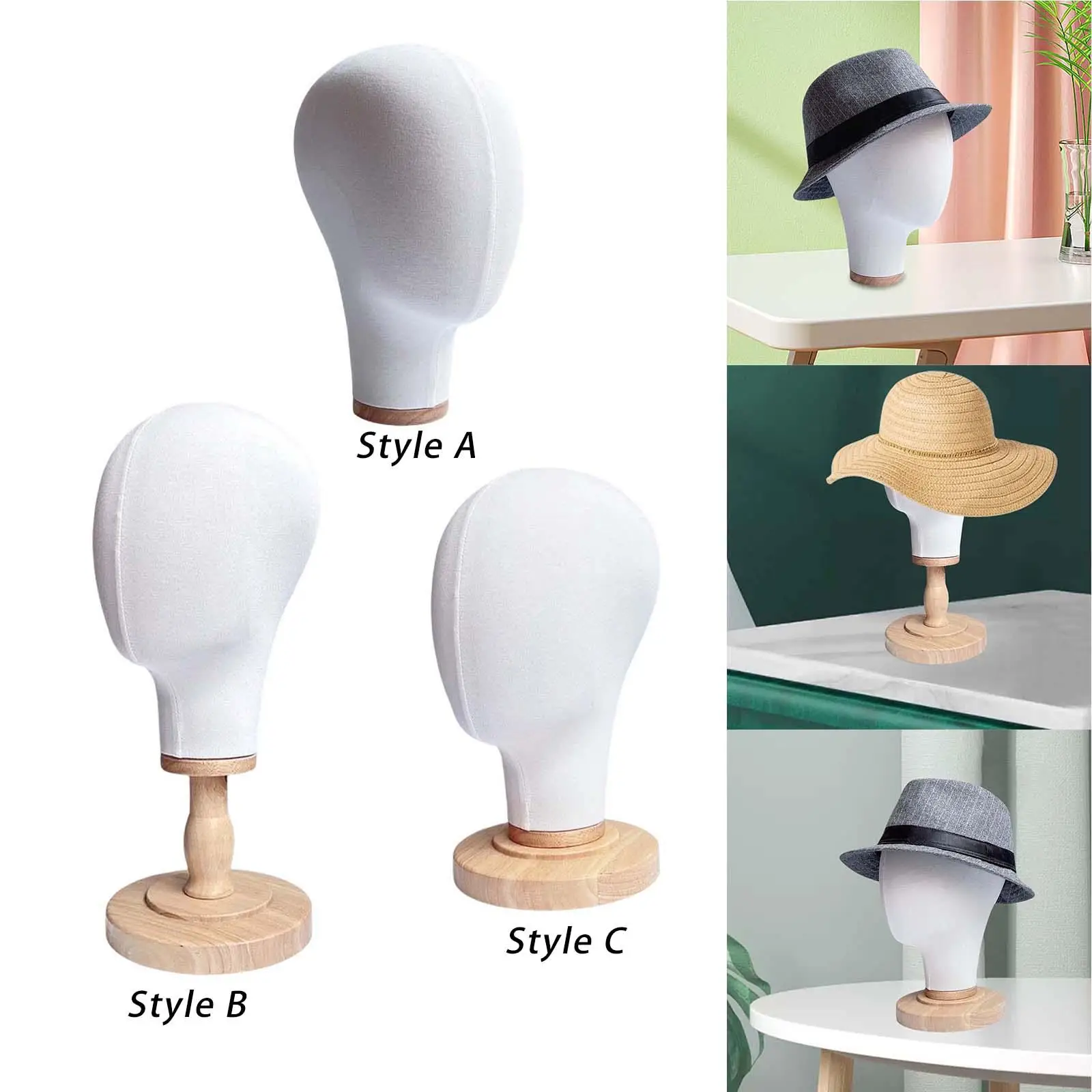 Hat Display Mannequin Head Stand with Wood Base PP Cloth Material for Hairdresser Training Wig Showcase