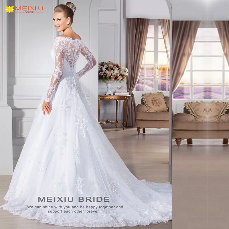 New Dreamlike Applique Long Sleeve One Line Shoulder Top Breast Wedding Dress   Exquisite Lace Train Beautiful Bridal Gowns