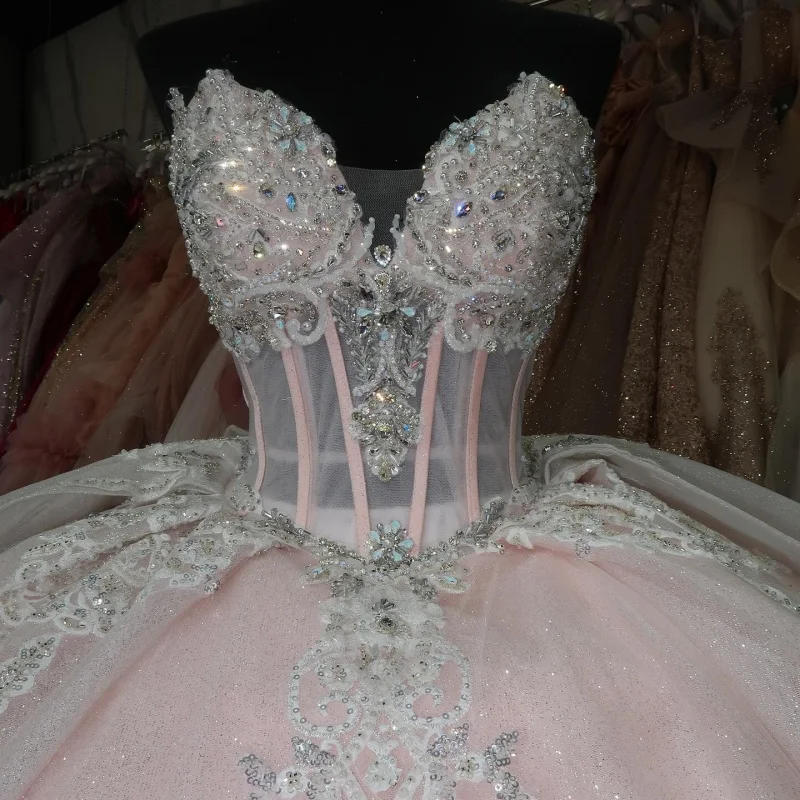 

Customized Shiny Pink Quinceanera Dresses Off the Shoulder Sequin decal crystal Bow layering Long tail Vestido 15 Quinceanera
