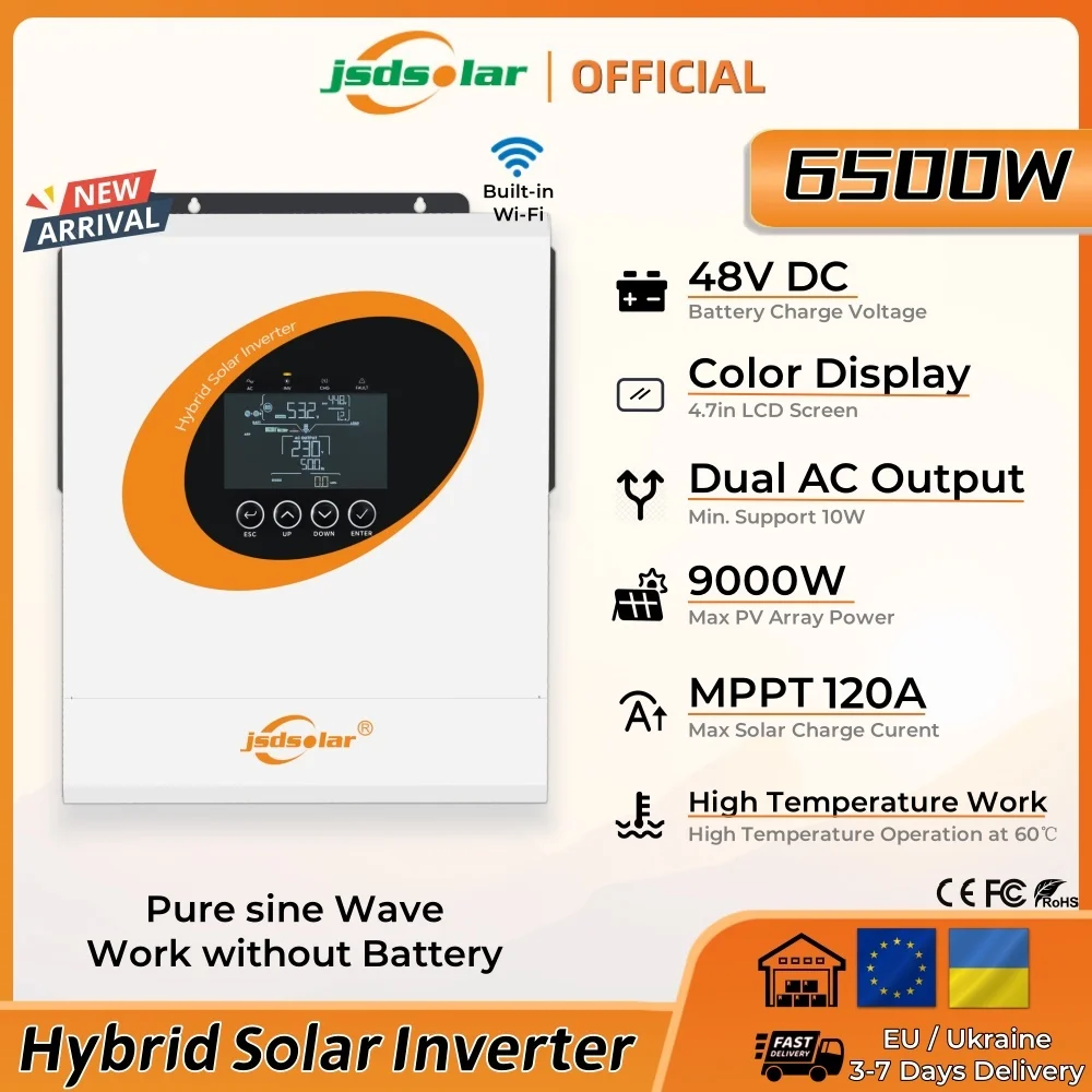

New jsdsolar 6.5KW 48V Hybrid Solar Silent Inverters 230VAC On/Off Grid Pure Sine Wave Wifi Monitor MPPT 120A PV 9000W For Home