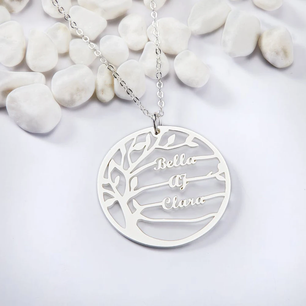 Personalized Tree of Life Pendant Necklace Stainless Steel Custom 1-4 Children\'s Names Necklace for Women Birthday Gifts for Mom