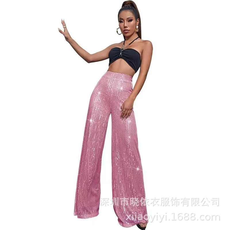 New Women's Solid Color Wide-leg Pants Casual Fashion Elegant Black Sequins Holiday For Women Long Pant Womens Clothing