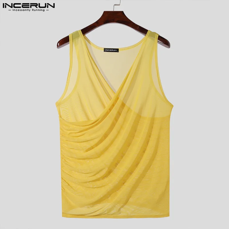 INCERUN top 2024 stile americano Sexy maglia da uomo croce collo basso gilet trasparenti moda solido sottile senza maniche canotte S-5XL