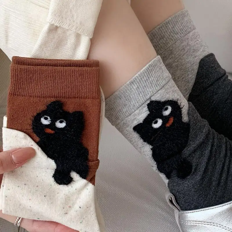 1 Pair Soft Comfortable Sweat Absorbing Breathable Casual Couples Sock Three-Dimensional Cat Printed Men Female Mid Tube Socks
