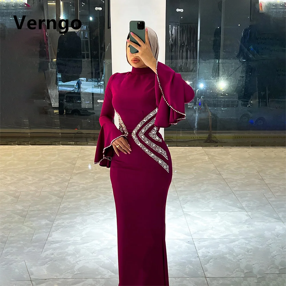 Verngo Dark Red Satin Prom Gowns For Women Saudi Arabic Full Sleeves Mermaid Evening Dress Sequined Elegant Formal Gowns