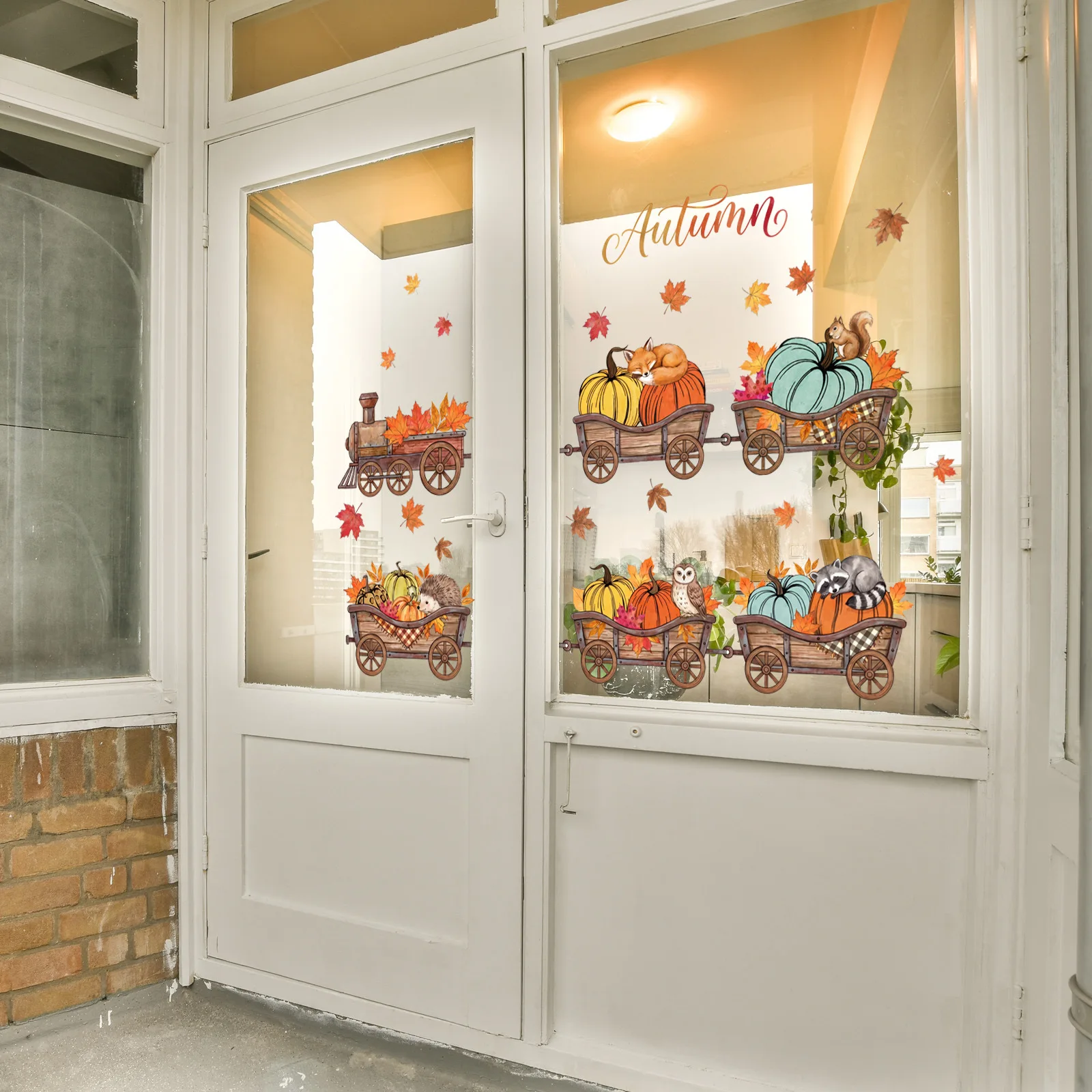Harvest Festival Train Window Cling with Detailed Illustration for Repeated Positioning on Clean Glass Surfaces
