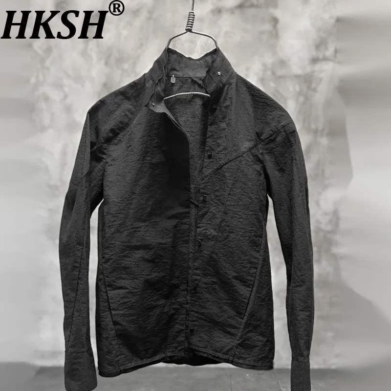 

HKSH Spring New Men Tide Original Design Dark Square Collar Cotton Textured Shirt Asymmetrical Patchwork Long Sleeve Top HK21338