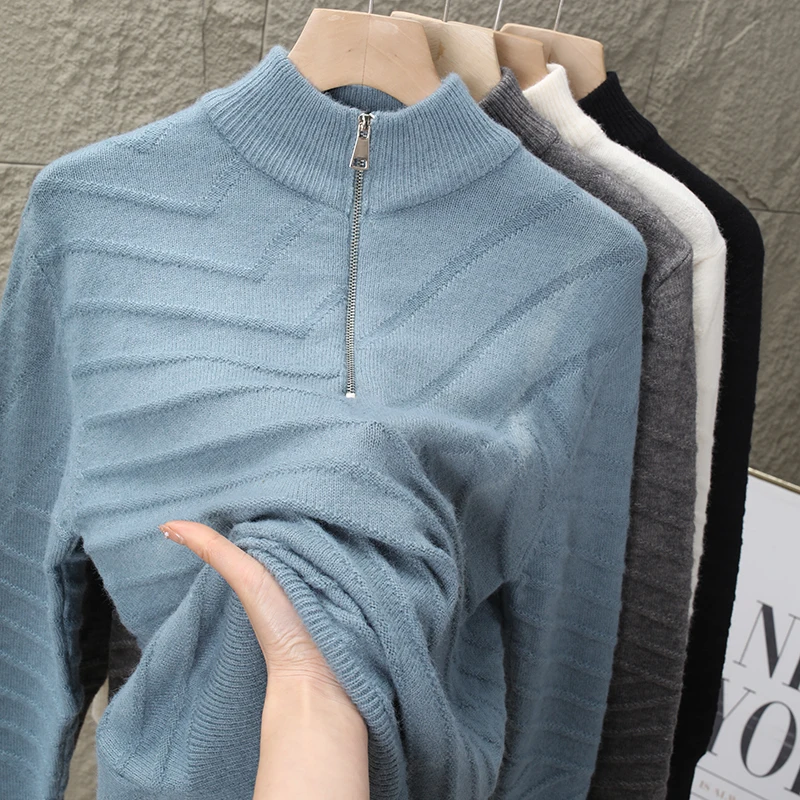 

Soft Knitted Sweater Men's Autumn Winter f Zipper Stand Collar Base Layer Faion Ci Sle Warm Long Sve Pure Color