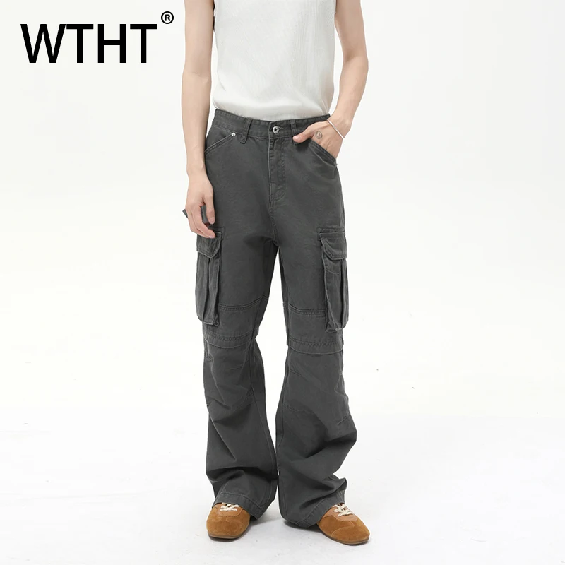 

WTHT Vintage Men's Solid Color Pockets Patchwork Denim Cargo Pants New Fashion Casual High-waisted Straight Jeans Male 2A0380
