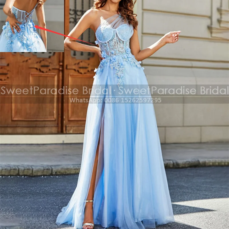 

Floral Appliques Prom Dresses A Line Side Split One Shoulder Long Customized Blue Tulle Party Dress For Women
