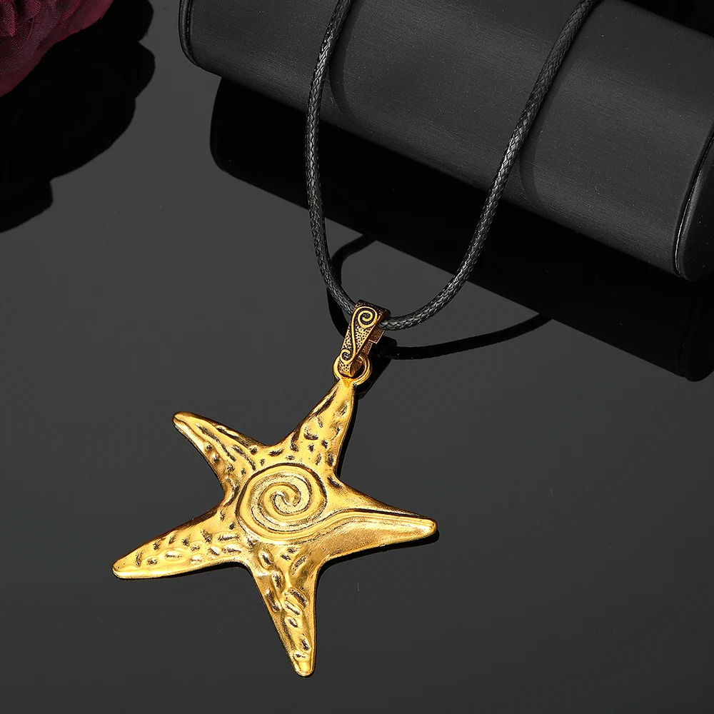 Bohemian Starfish Pendant Necklace, Black Rope Chain for Women and Men, Casual Dress up and Christmas Gifts, Neutral Jewelry, Simple Style image 2