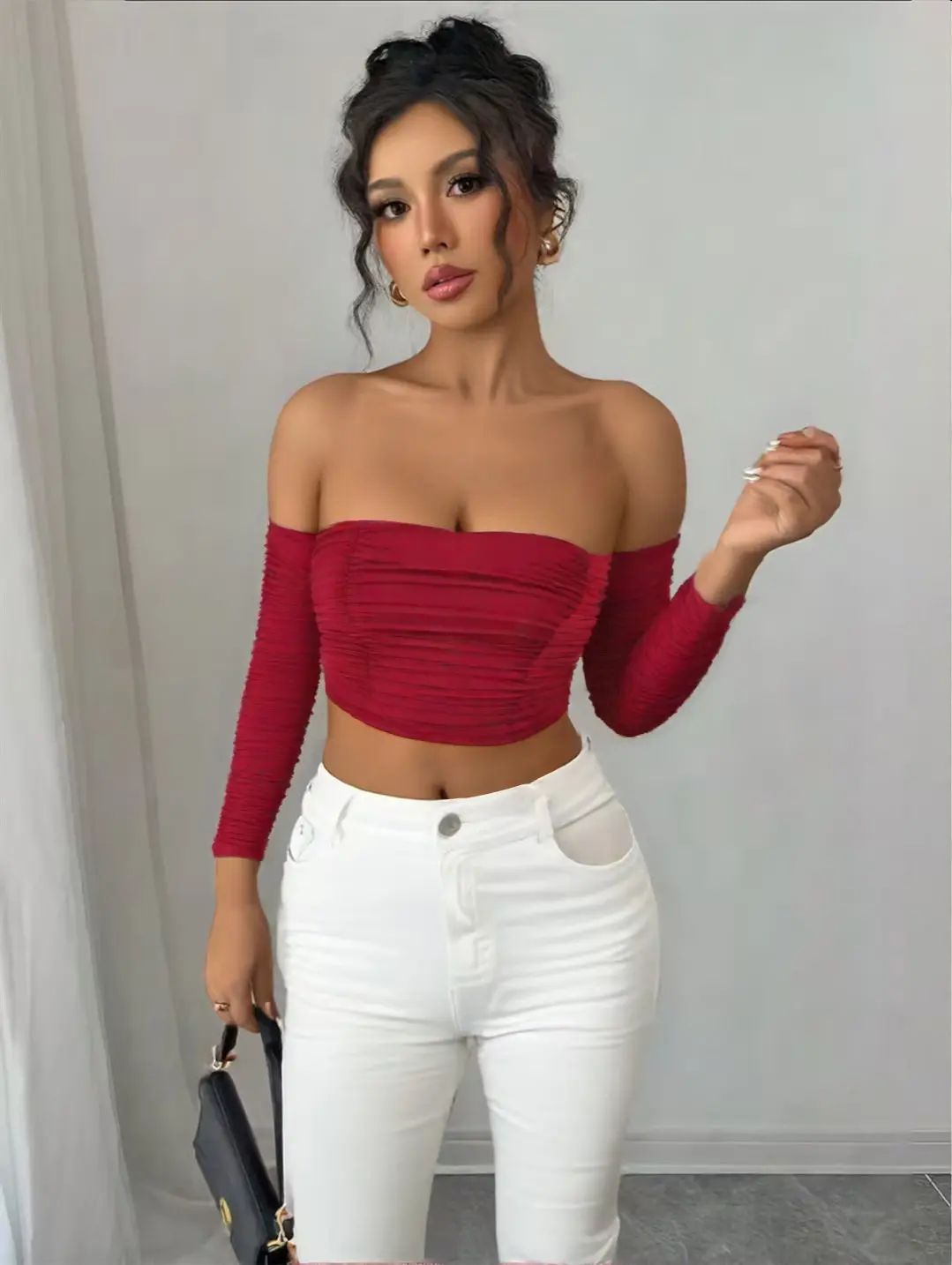 Women's Long Sleeve Red T-shirt Vintage Y2K Gyaru Slim Sexy Off Shoulder T-shirt Korean Style Cropped Tee Top for Women Summer