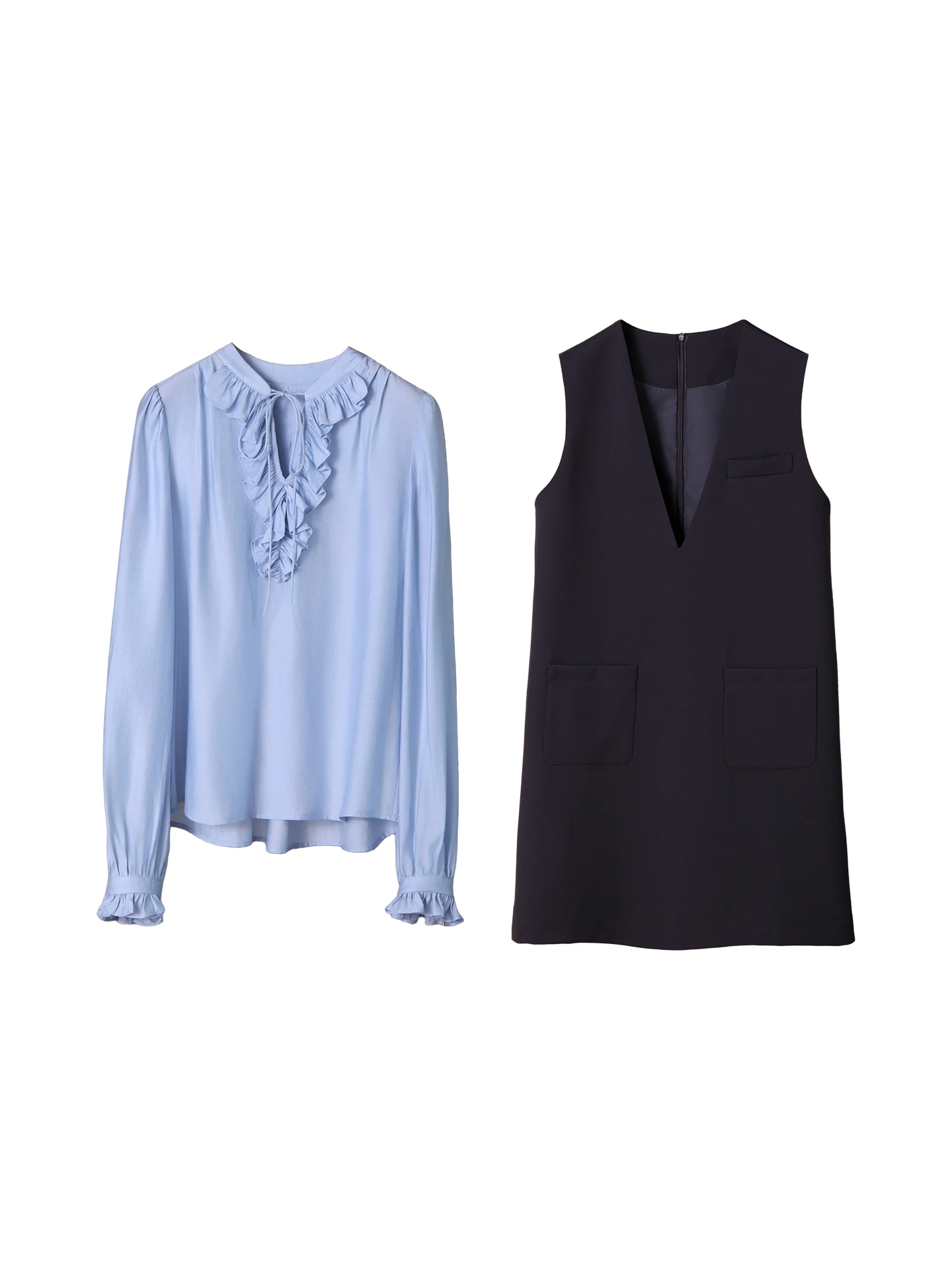 الفرنسية الأنيقة أزياء من الدانتل متابعة كم طويل قميص أزرق بلا أكمام الخامس الرقبة تانك فستان تنوعا مزاجه قطعتين مجموعة للنساء #5