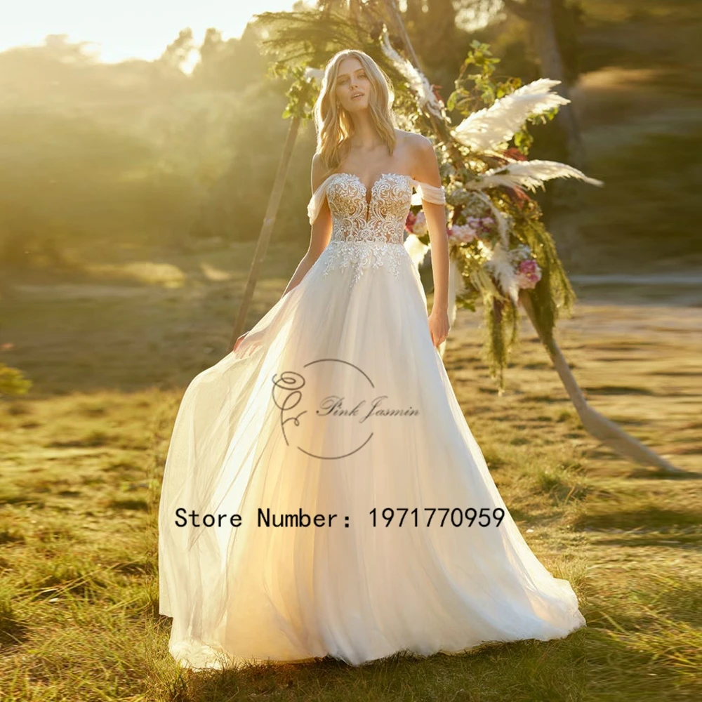 

Off The Shoulder Wedding Dress High Quality Tulle Applique Elegant Wedding Gowns Zipper Back Court Train vestido de noiva 2024