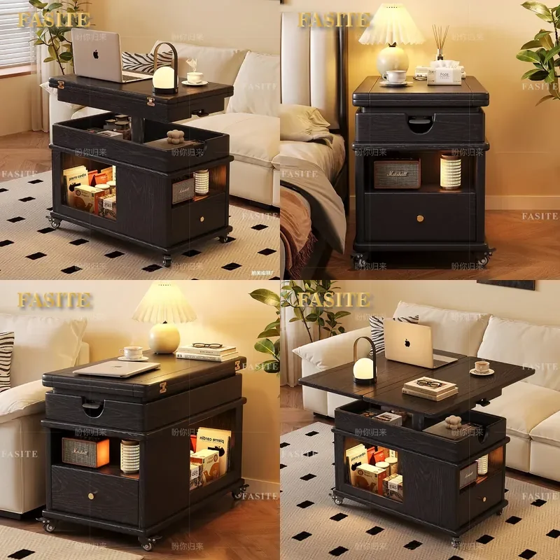 For Medieval Style Solid Wood Coffee Table Liftable Living Room Sofa Side Table Movable Folding Trolley Dual Purpose Dining