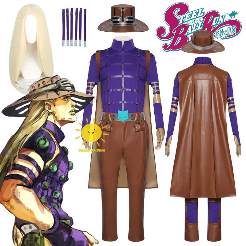 

Anime Steel Ball Run Cosplay Julius Caesar Zeppeli Cosplay Costumes Coat Pants Hat Belt Gyro Suits Wig Halloween Cos Adult Men
