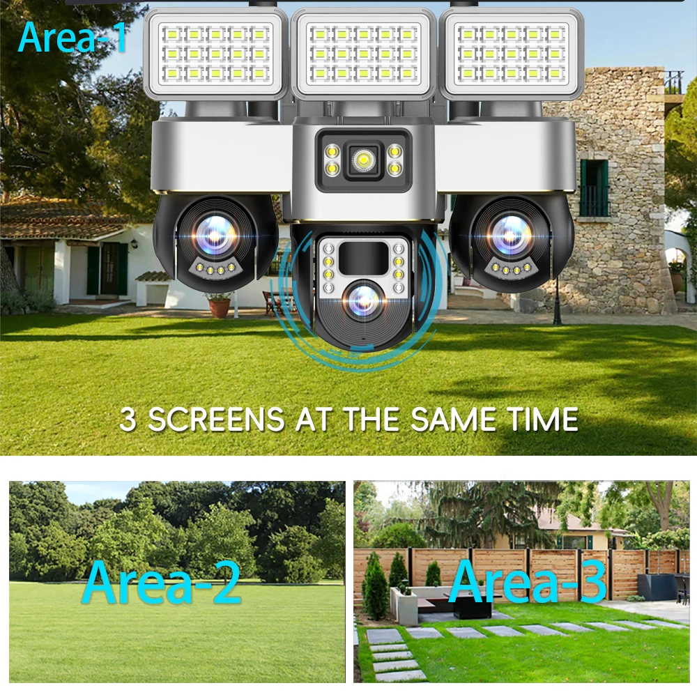 4G WiFi 3‑Lens 3‑Screens Solar PTZ Security Camera Battery‑Powered Two‑Way Audio Outdoor Wireless WiFi Surveillance Camera