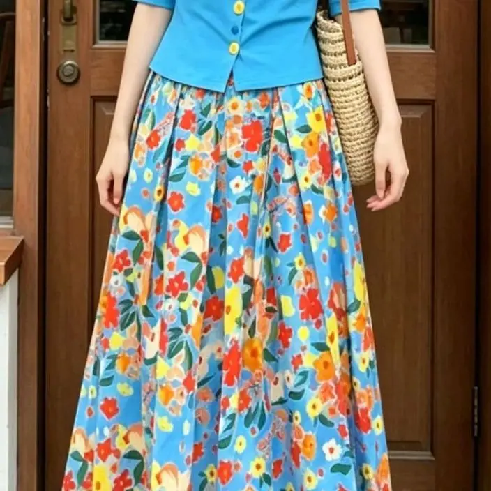 Summer new fresh dopamine foreign gas thin knitted cardigan original light luxury floral skirt suit women
