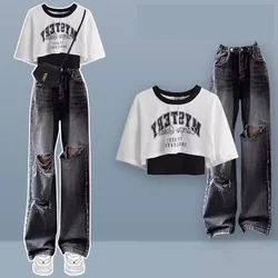 2024 Summer New Denim Pants Matching Set Women Loose Short Sleeved T-shirt+Vest+Hole Jeans Three Piece Feamle Chic Clothing Suit