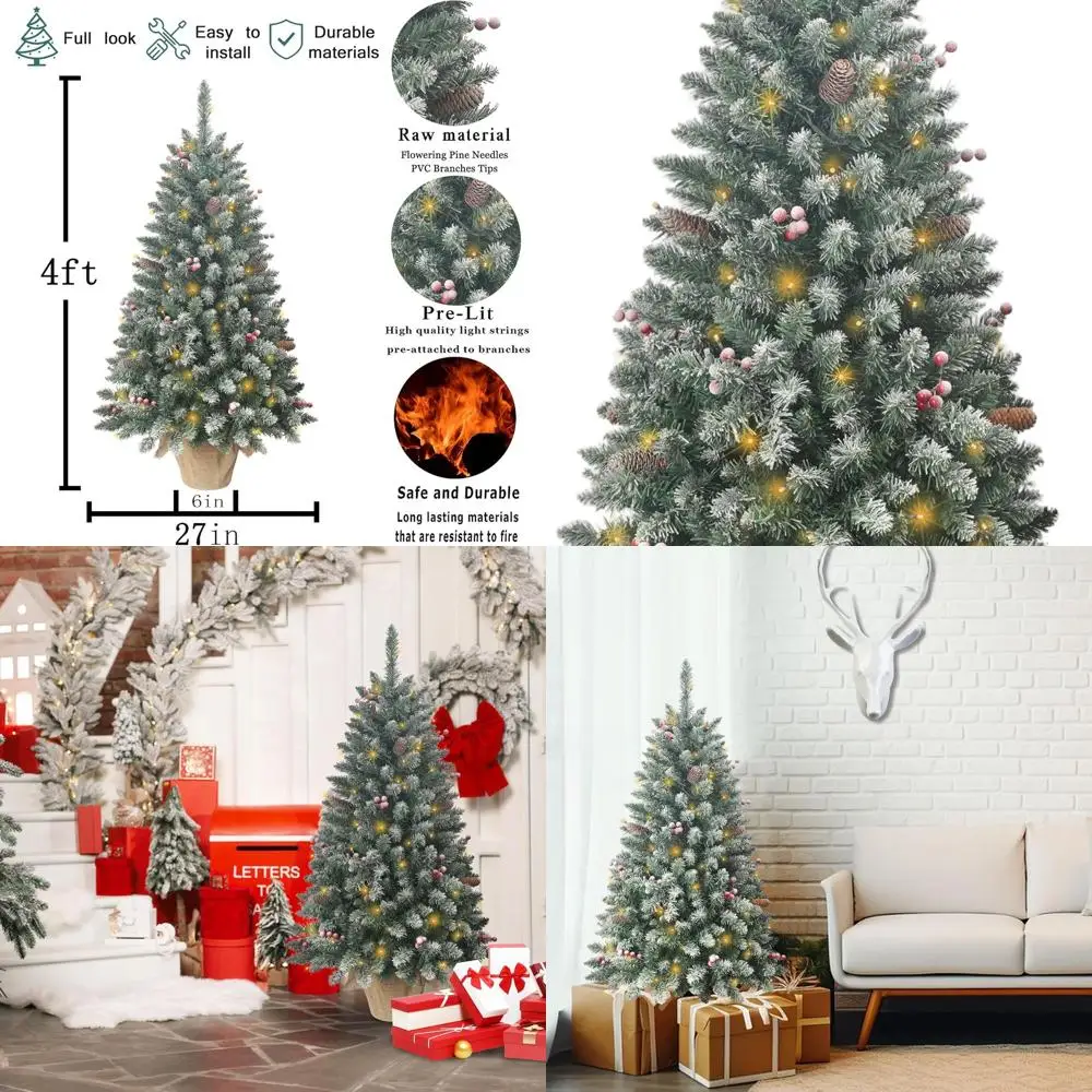 شجرة عيد الميلاد الاصطناعية ذات الرؤوس الثلجية بطول 4 أقدام مع 336 فرعًا، و20 توت أحمر، و14 كوز صنوبر، و100 مصباح LED، وقاعدة من الخيش