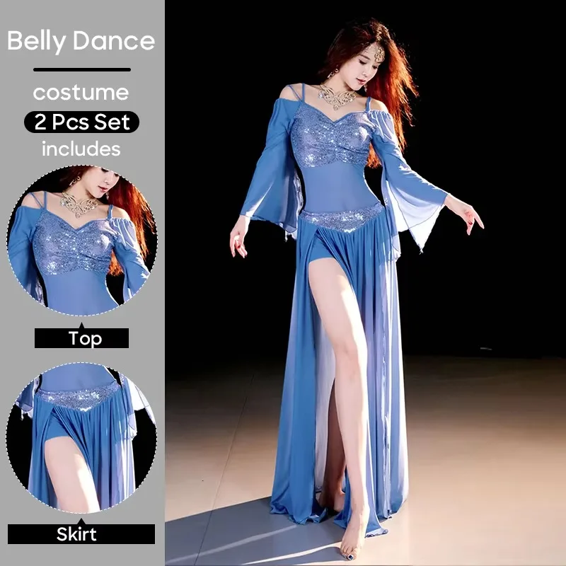 Women Belly Dance Performance Suit Top & Skirt 2 PCS Set for Adult Stage Performance Costume Outfit