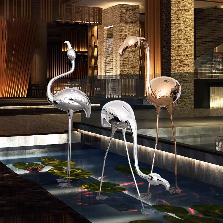 Custom Large Stainless Steel Flamingo Sculpture Outdoor Garden Ornament Electroplated Mirror Finish Green Space Metal Craft