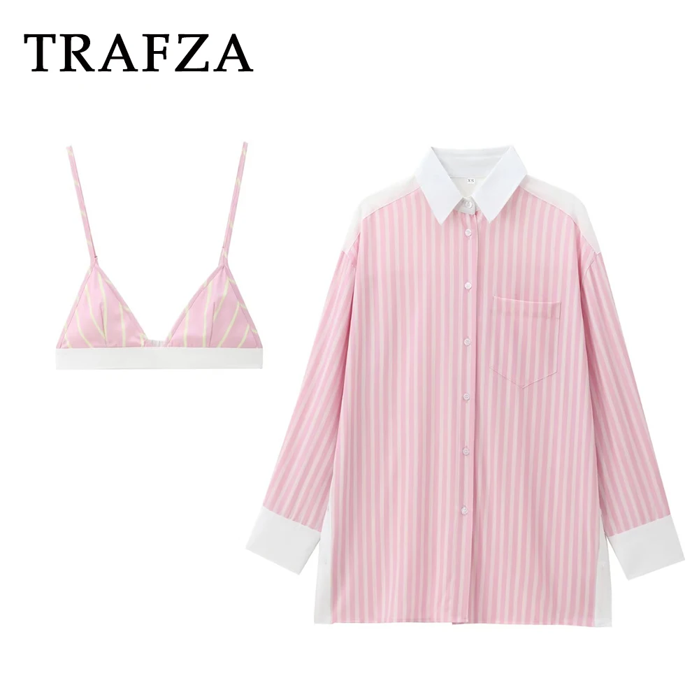 TRAFZA 2024 Summer Casual Women Striped Suits Sexy Bikini+Single Breasted Pocket Loose Shirt Fashion Women Poplin Shirts