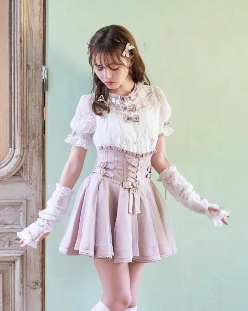 NONSAR Japanese New Summer Lace Edge Leather Ring High Waist Slim Pleated Skirt Women Ribbon Bow Lace-up All-match Mini Skirt