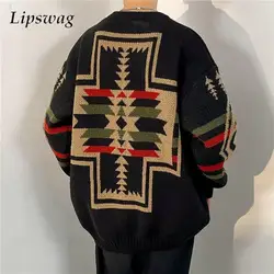 Vintage Totem Jacquard Knit Sweater For Men Fall Long Sleeve O Neck Casual Sweaters Fashion Knitwear Mens Trendy Knitted Jumpers