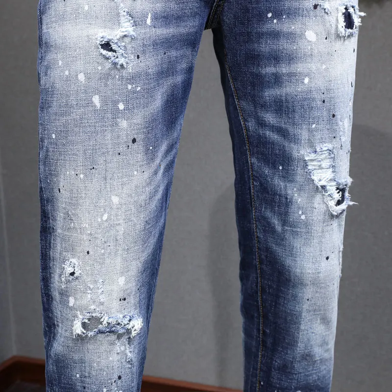 Street Fashion Men Jeans Painted Designer Retro Blue Stretch Slim Fit Brand Ripped Jeans Men High Quality Hip Hop Denim Pants