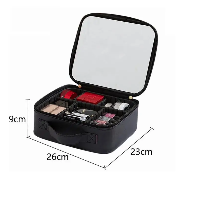 Bolsa Organizadora de Maquiagem Compacta com LED, Design Popular 2024, Material PU, Divisórias Internas