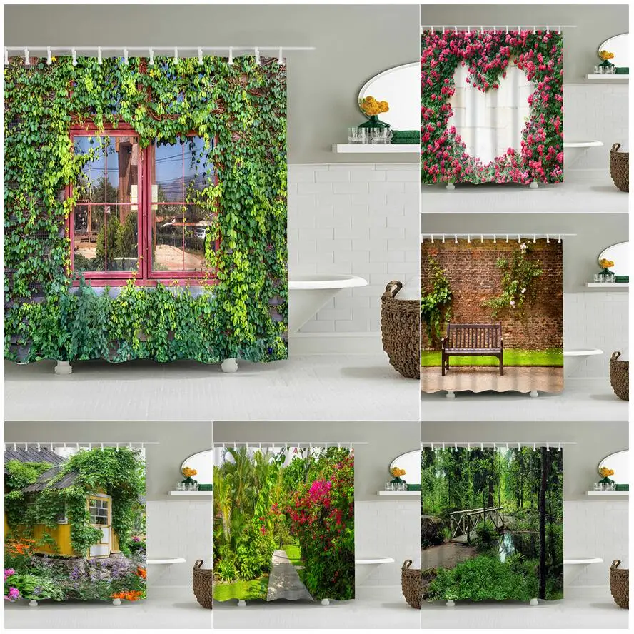 Spring Garden Landscape Shower Curtains Vintage Brick Wall Green Vines Plants Flowers Nature Scenery Fabric Bathroom Decor Sets