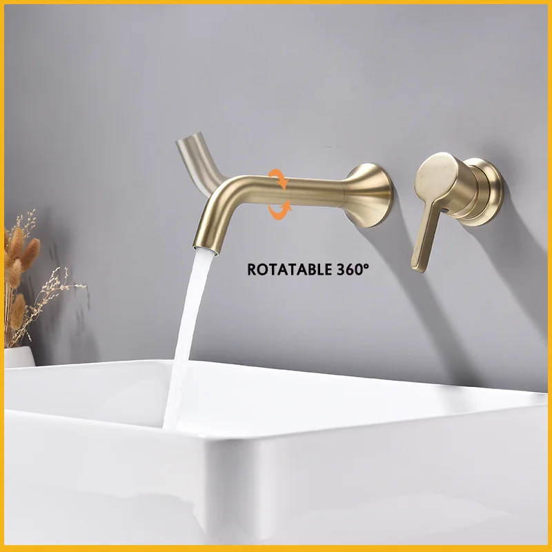 Brushed Gold Wall Mounted Brass Basin Faucet Single Handle Chrome Concealed Recessed Hot and Cold Countertop Basin Faucet