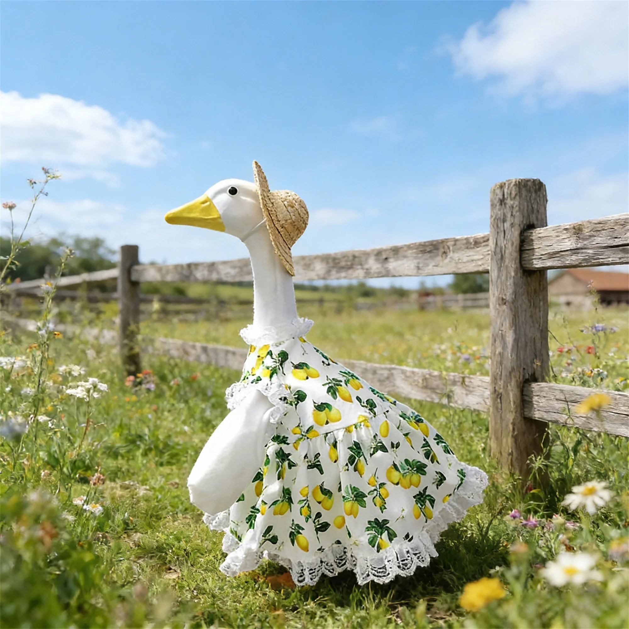 

Платье для гуси-декорации на веранду 23 дюйма с весенним цветочным принтом и повязкой на голову с подсолнухами для статуэтки гуся на газоне