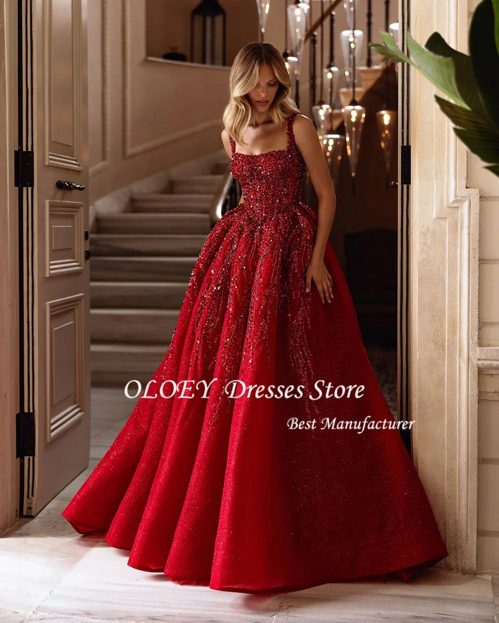 فساتين OLOEY للحفلات الراقصة للمناسبات الخاصة مصنوعة يدويًا من الخرز فساتين سهرة نسائية فاخرة زعيم مربع لامع حسب الطلب