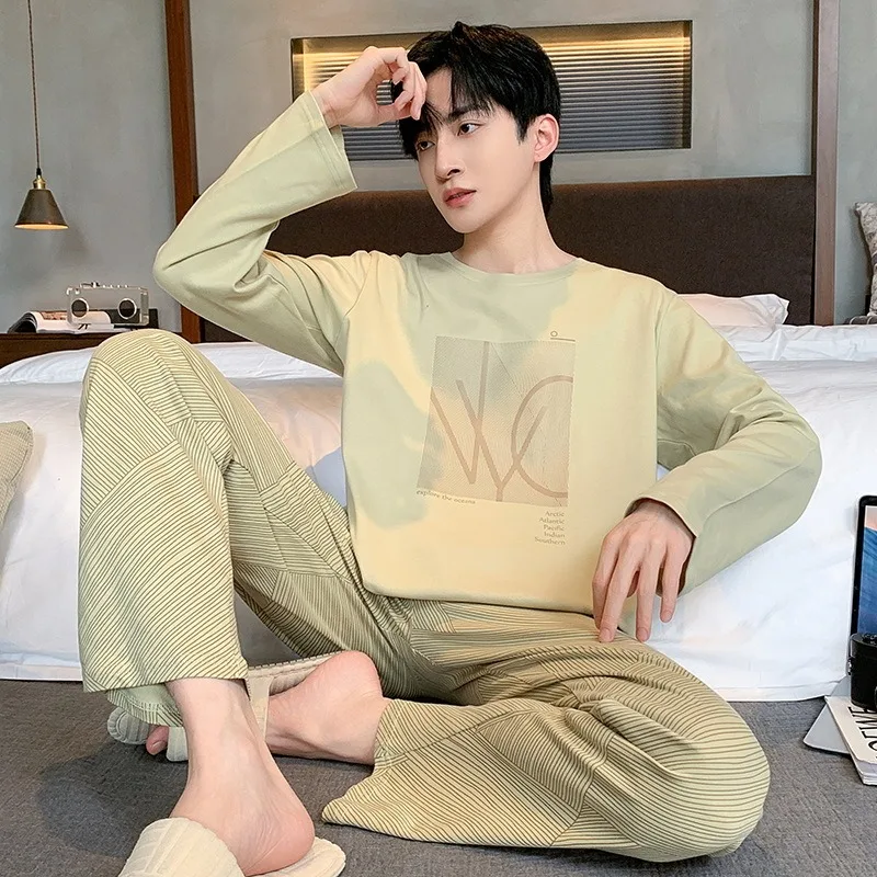 INS Korean High-Grade Simple Long sleeve Trousers Spring and Autumn Pajamas Men Simple Comfortable Home Wear Set pyjama homme