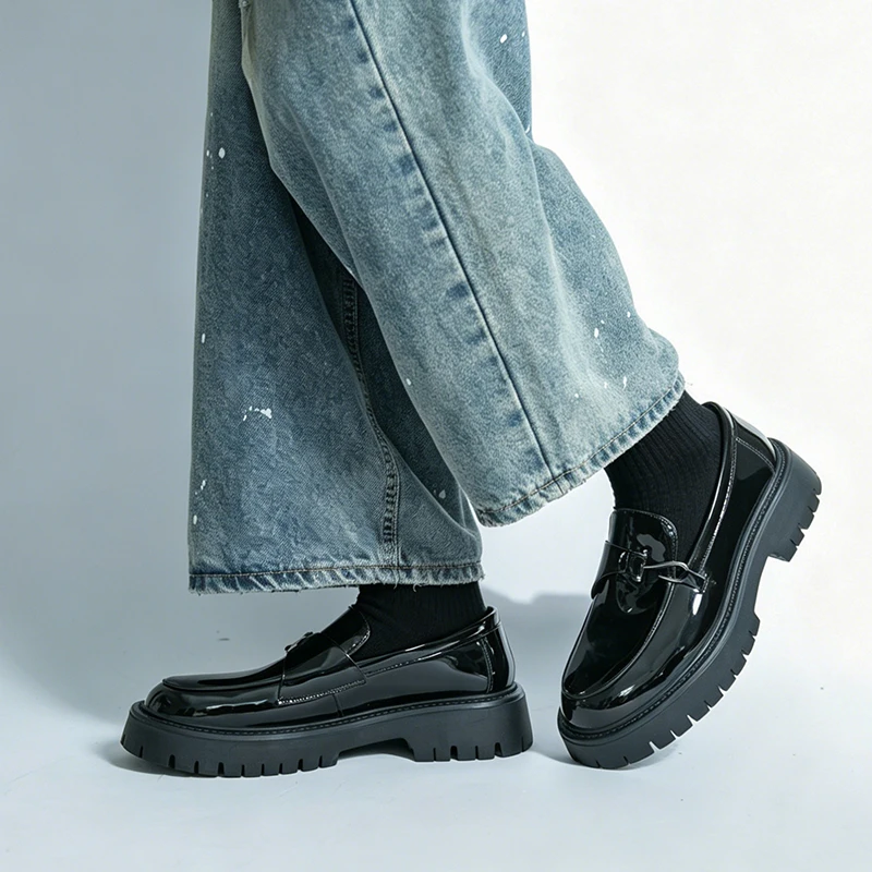 Men 4.5CM Height Increasing Loafers Thick Platform Leather Shoes Slip On Metal Buckle Business Casual Non Slip Work Dress Shoes