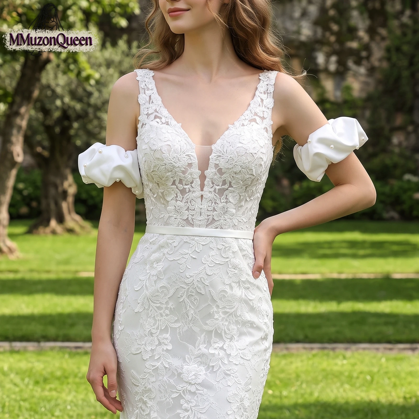 TOPQUEEN Bridal Gloves Flower Bud Wedding Gloves Wrist Long Cream White Mangas Para Vestidos Desmontables Mm40