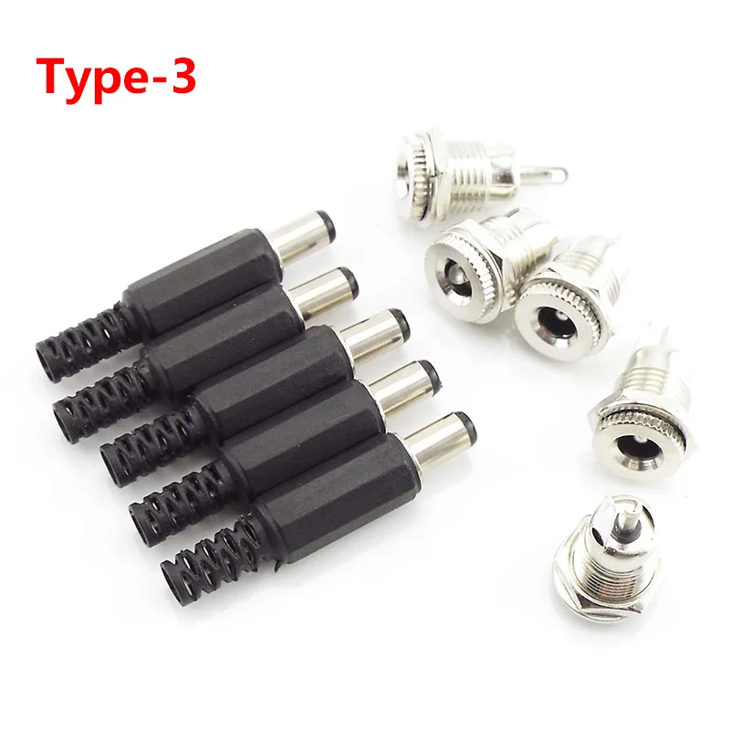 5 pasang 12V 5.5x2.5mm steker daya DC steker laki-laki plastik sekrup perempuan Panel kacang dipasang konektor adaptor untuk CCTV tali LED