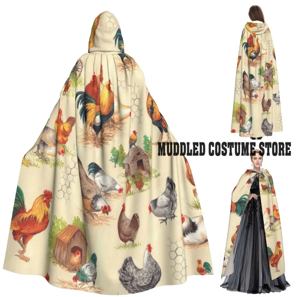 

Длинный плащ с капюшоном на тему курицы, средневековый костюм ведьмы, накидка для косплея, Хэллоуин, вечеринка для взрослых, унисекс