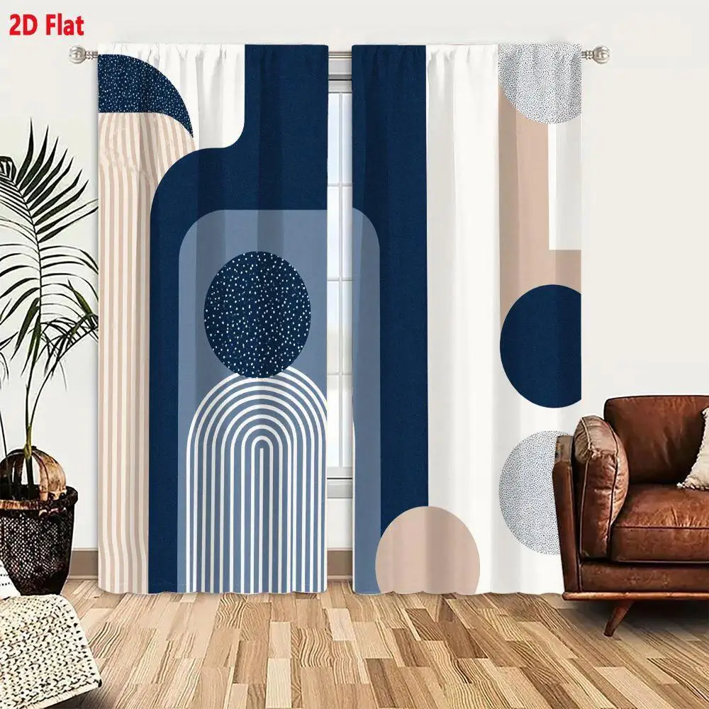 Modern Abstract Geometric Curtain Pair 2pcs Navy Blue Stripes Drapes Living Room Window Curtain Treatment Chic Scandinavian Deco