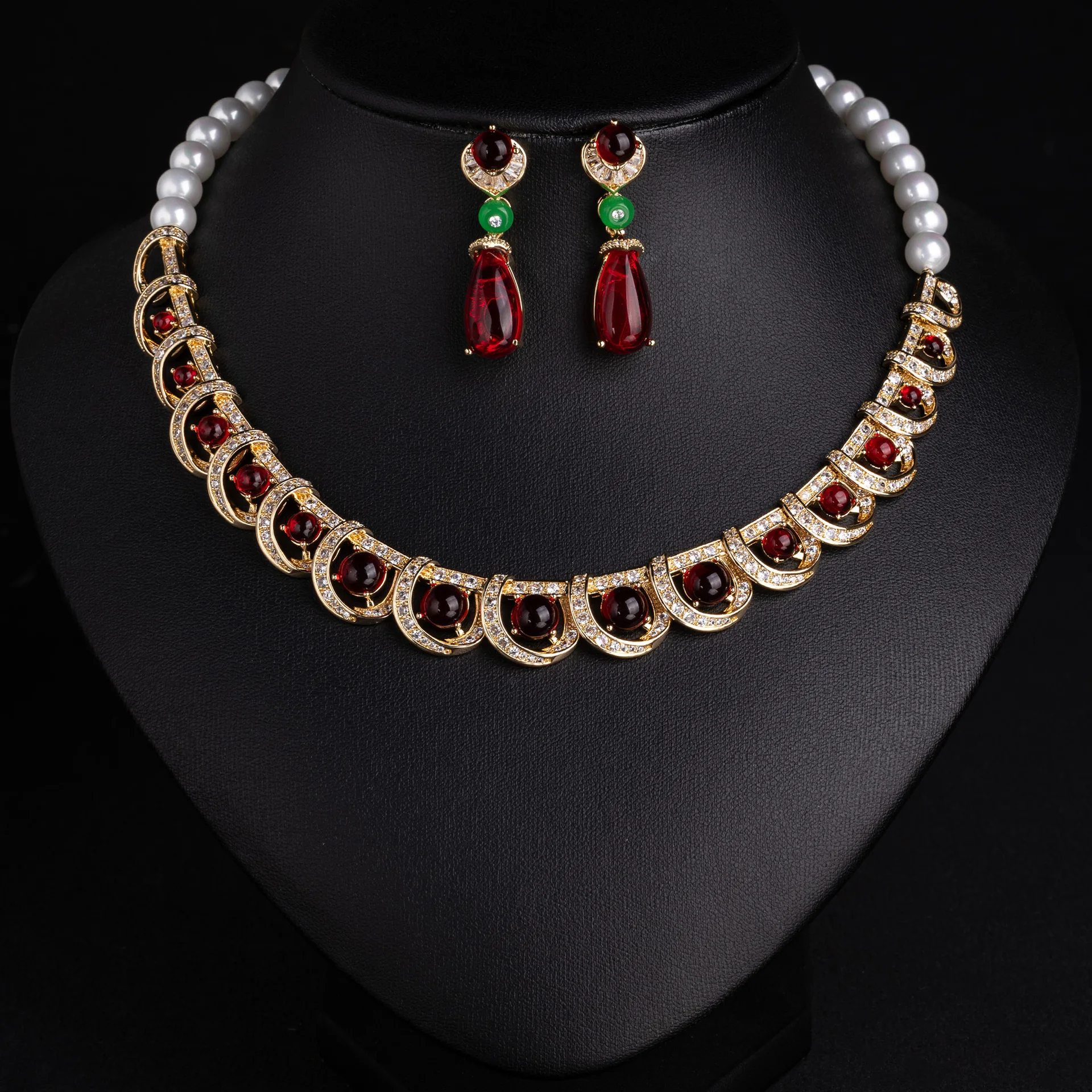 New Elegant Everyday Classic Pearl Red Necklace and Earrings Middle Eastern Women's Set Wedding Prom Dress Accessories M-1132