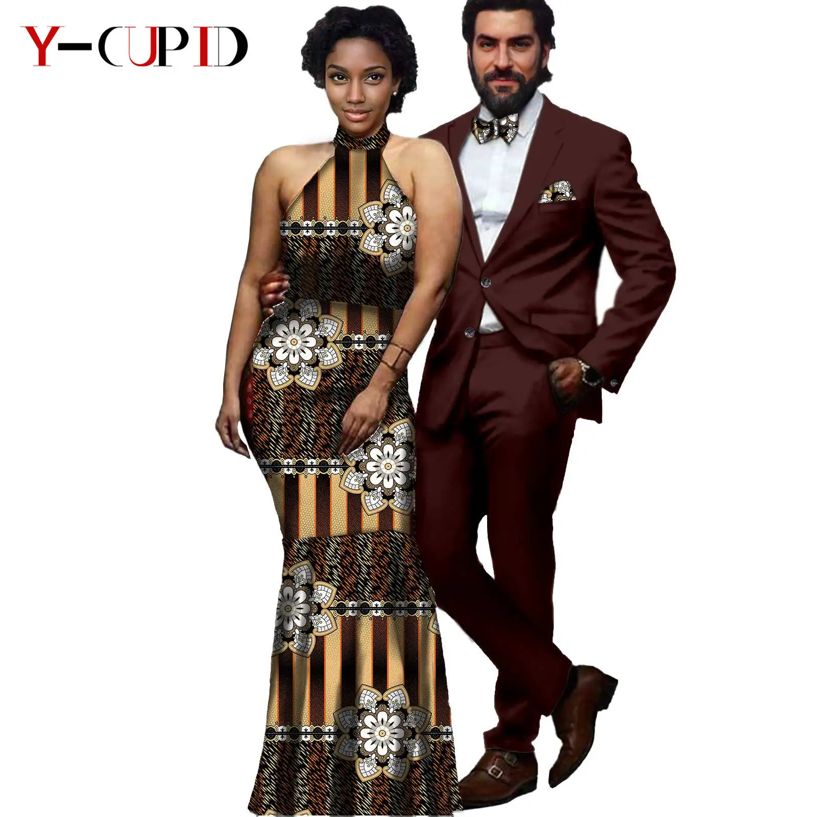 African Print Long Dresses for Women Matching Men Outfits Blazer Suits Jackets and Pants Sets Couples Clothes Wedding Y21C012