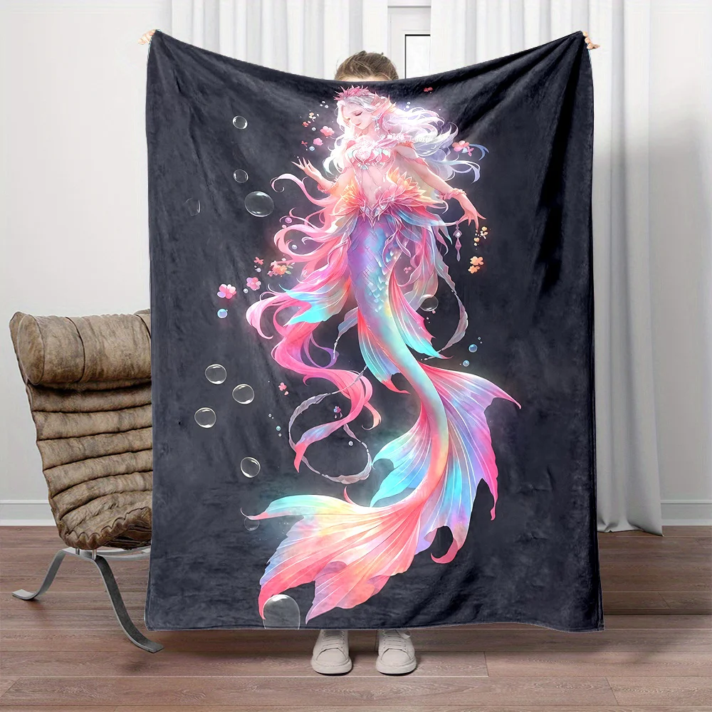 Magic Rainbow Tail Mermaid Underwater Art Print Flannel Blanket Comfortable Soft Plush Throw Blanket for Couch Bed Sofa