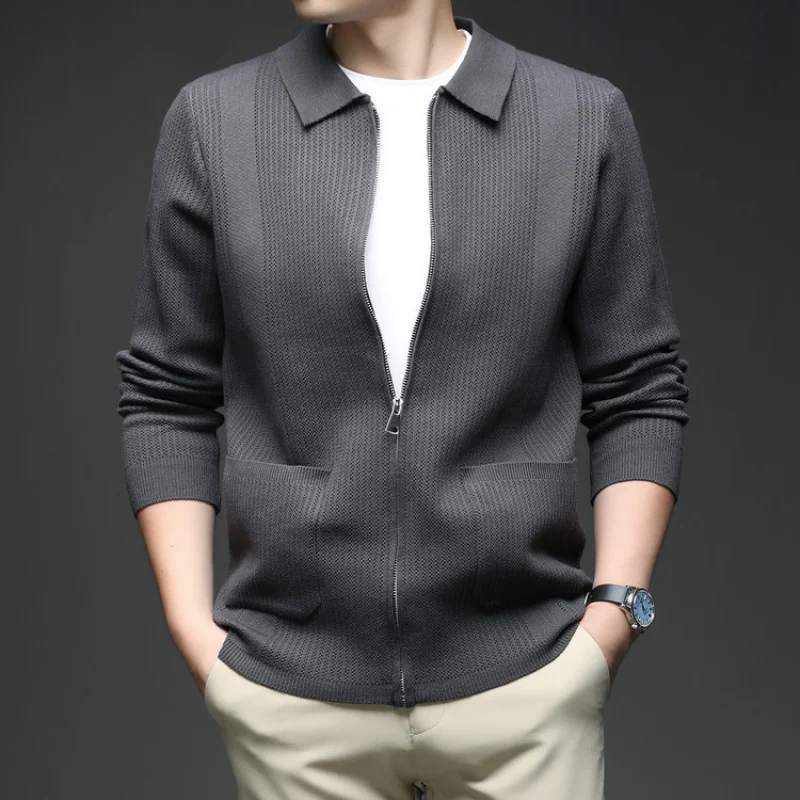 خريف شتاء جديد سستة بدوره إلى أسفل طوق سترة أعلى منتصف العمر والشباب محبوك سترة مع جيوب فضفاضة عادية J