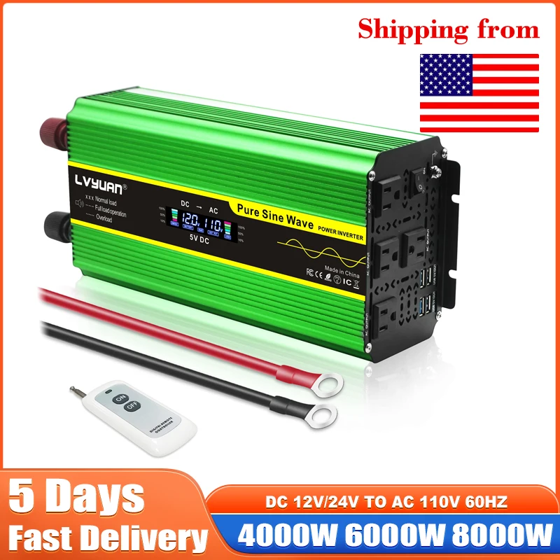 LVYUAN 8000W 6000W 4000W Power Inverter DC 12V 24V To AC 110V Pure Sine Wave Car Inverter Converter Remote Control US Socket