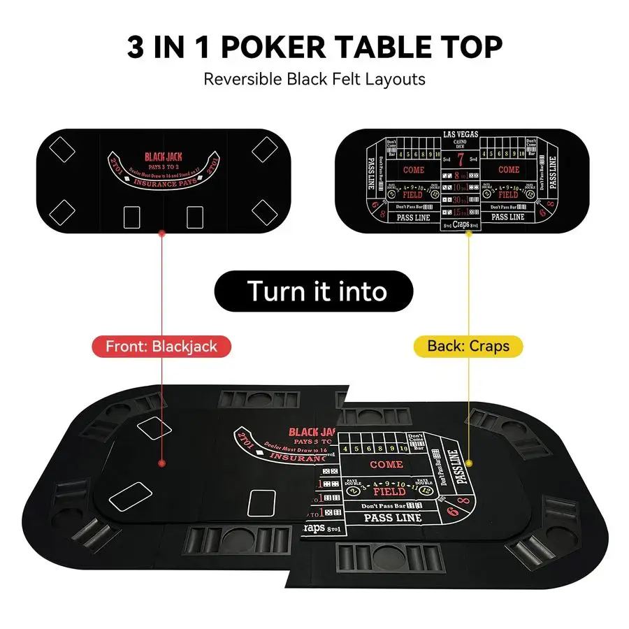 Piano da tavolo da poker 3 in 1, layout da tavolo per carte da poker Texas Holdem con feltro nero reversibile, tappetino pieghevole per tavolo da poker con