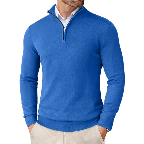 Imagen 2 del producto Suéteres con cremallera de un cuarto para hombre, jersey ligero ajustado, Tops con cuello simulado para exteriores, ropa informal de punto con medio cuello alto